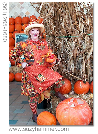 Suzy Hammer portrays Pumpkin Patty, a cheerleader for locally grown, organic foods - like pumpkins.